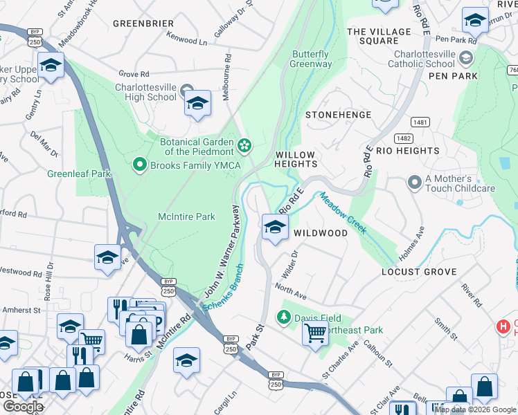 map of restaurants, bars, coffee shops, grocery stores, and more near 106 Melbourne Park Circle in Charlottesville