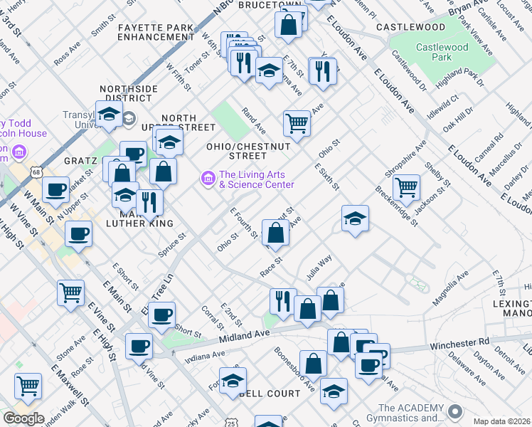 map of restaurants, bars, coffee shops, grocery stores, and more near 445 Chestnut Street in Lexington