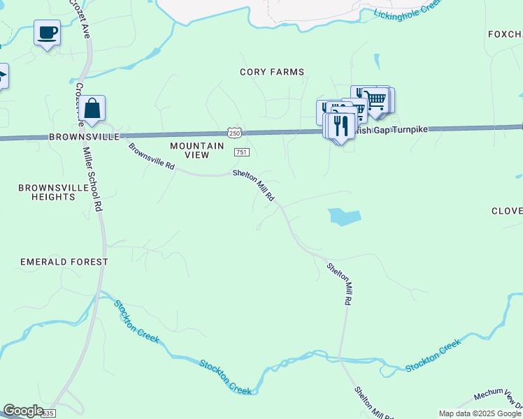 map of restaurants, bars, coffee shops, grocery stores, and more near 518 Shelton Mill Road in Charlottesville