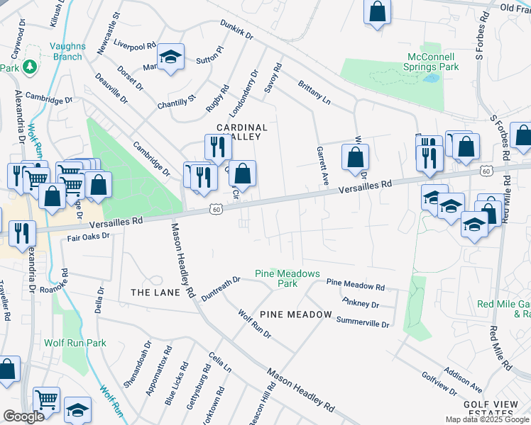 map of restaurants, bars, coffee shops, grocery stores, and more near 1877 Hill Rise Drive in Lexington