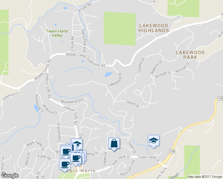 map of restaurants, bars, coffee shops, grocery stores, and more near 18910 Huron Drive in Twain Harte