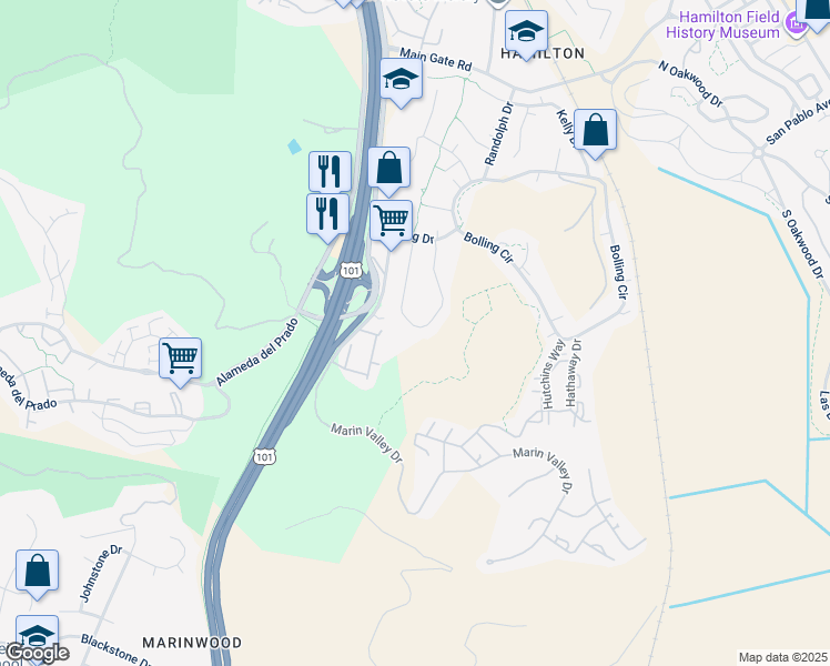map of restaurants, bars, coffee shops, grocery stores, and more near 191 Captain Nurse Circle in Novato
