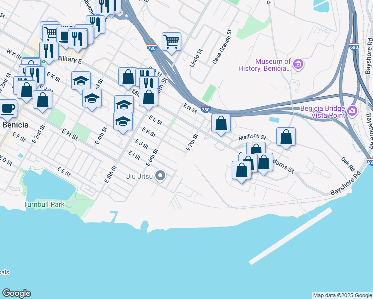 map of restaurants, bars, coffee shops, grocery stores, and more near 1100 East 7th Street in Benicia
