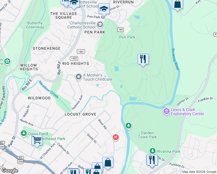 map of restaurants, bars, coffee shops, grocery stores, and more near 115 Megan Court in Charlottesville