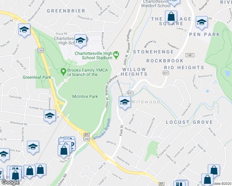 map of restaurants, bars, coffee shops, grocery stores, and more near 106f Melbourne Park Circle in Charlottesville