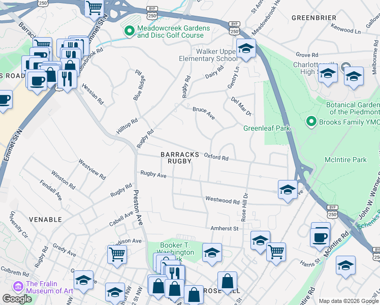 map of restaurants, bars, coffee shops, grocery stores, and more near in Charlottesville