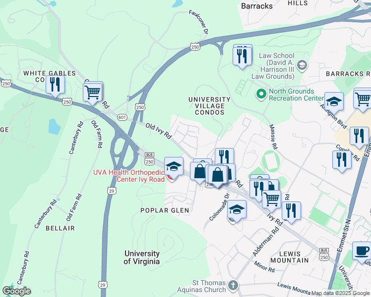 map of restaurants, bars, coffee shops, grocery stores, and more near 112 Harvest Drive in Charlottesville