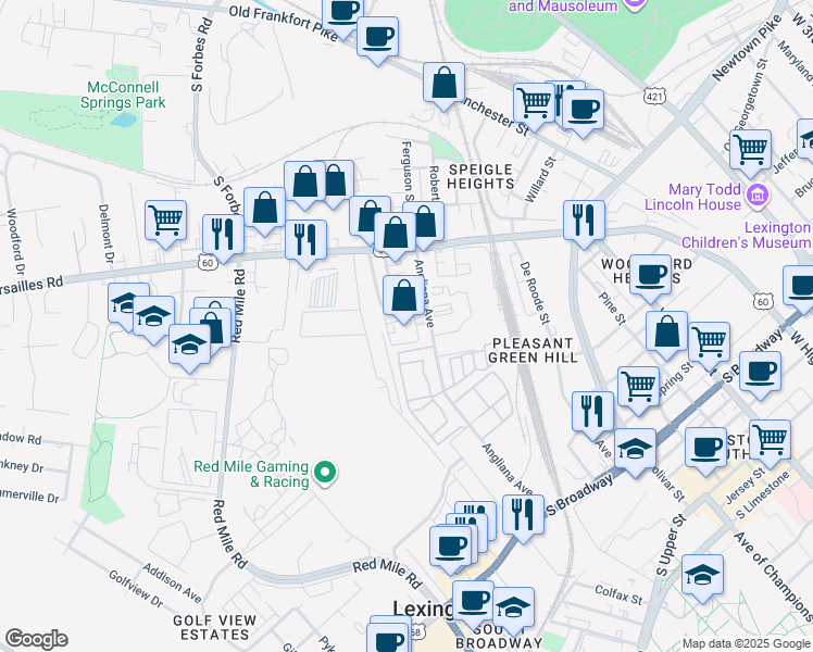 map of restaurants, bars, coffee shops, grocery stores, and more near 574 Angliana Avenue in Lexington