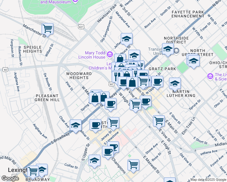 map of restaurants, bars, coffee shops, grocery stores, and more near 301 South Broadway in Lexington