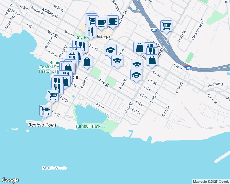 map of restaurants, bars, coffee shops, grocery stores, and more near 384 East H Street in Benicia
