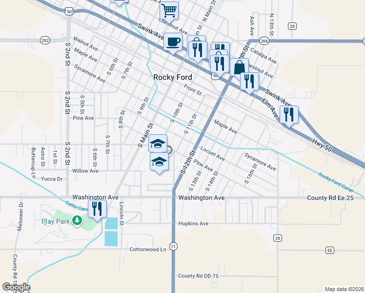 map of restaurants, bars, coffee shops, grocery stores, and more near 605 South 12th Street in Rocky Ford