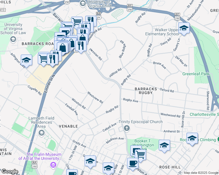 map of restaurants, bars, coffee shops, grocery stores, and more near 114 Howard Drive in Charlottesville