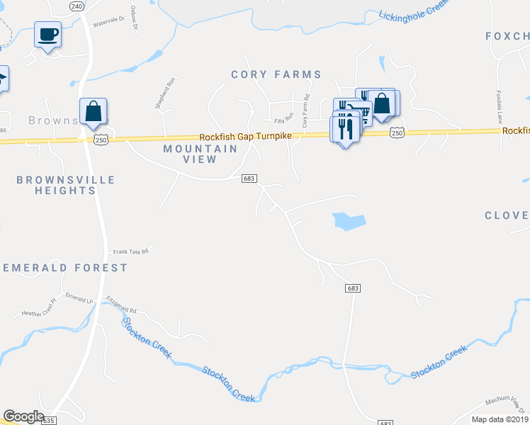 map of restaurants, bars, coffee shops, grocery stores, and more near 518 Shelton Mill Road in Charlottesville