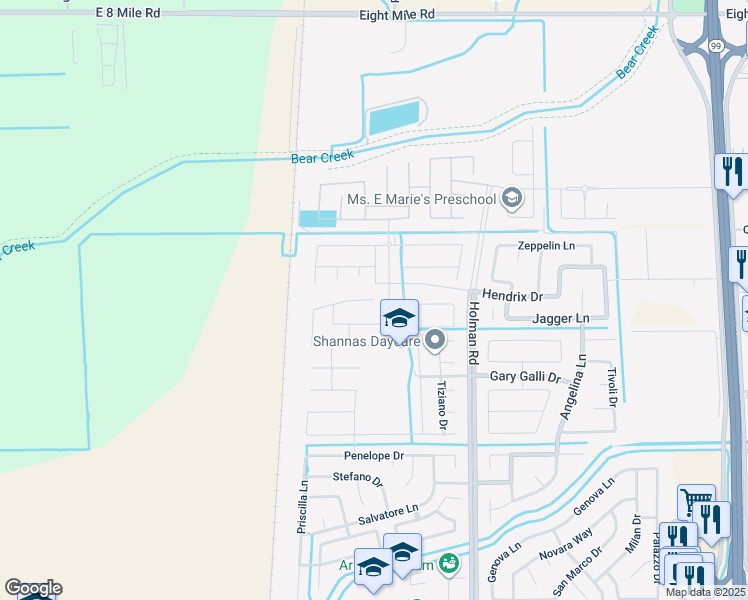 map of restaurants, bars, coffee shops, grocery stores, and more near 3194 Fogarty Ln in Stockton