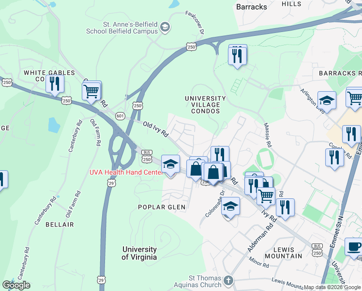 map of restaurants, bars, coffee shops, grocery stores, and more near 101 Harvest Drive in Charlottesville