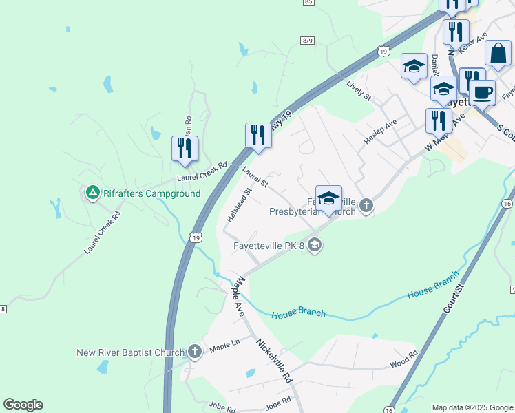map of restaurants, bars, coffee shops, grocery stores, and more near 7 Perdue Street in Fayetteville