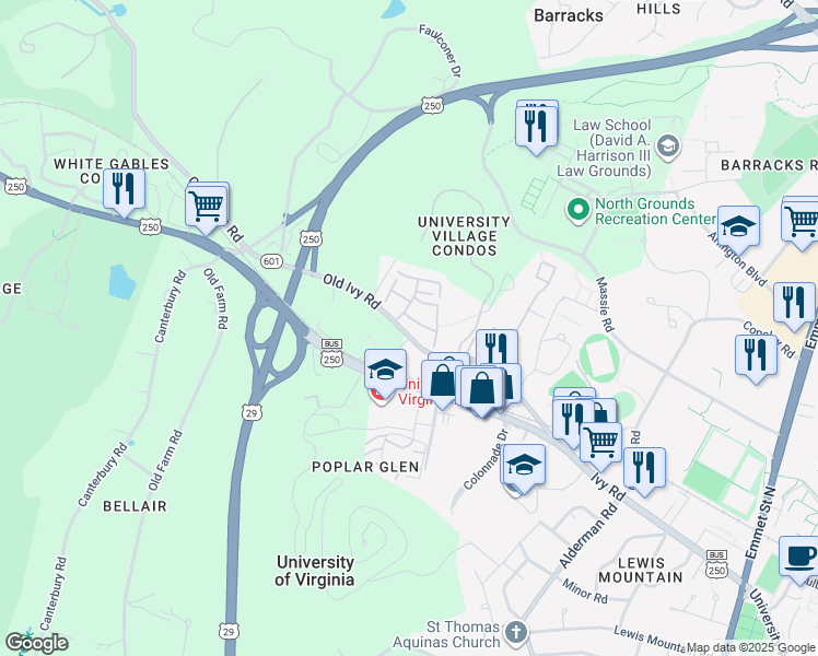 map of restaurants, bars, coffee shops, grocery stores, and more near 101 Harvest Drive in Charlottesville