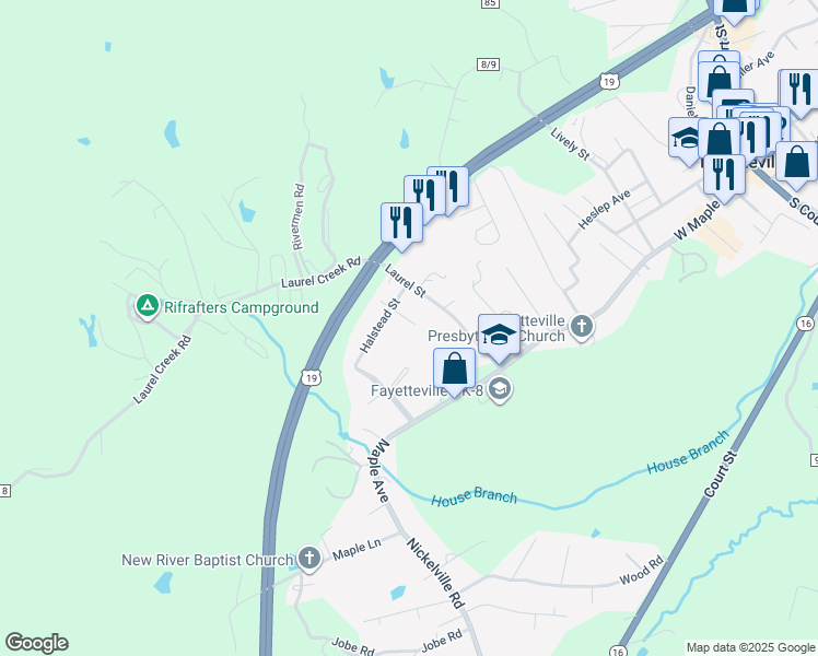 map of restaurants, bars, coffee shops, grocery stores, and more near 7 Perdue Street in Fayetteville