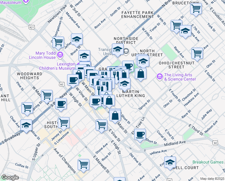 map of restaurants, bars, coffee shops, grocery stores, and more near in Lexington