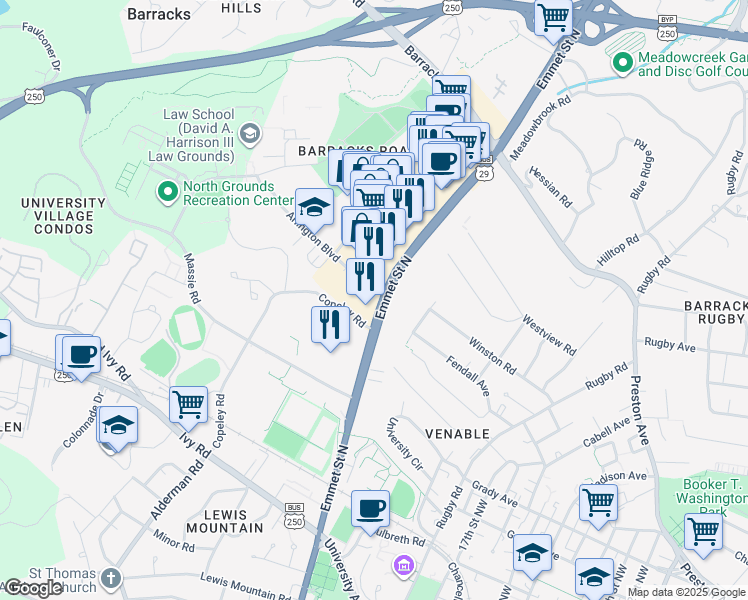 map of restaurants, bars, coffee shops, grocery stores, and more near 1900 Arlington Boulevard in Charlottesville