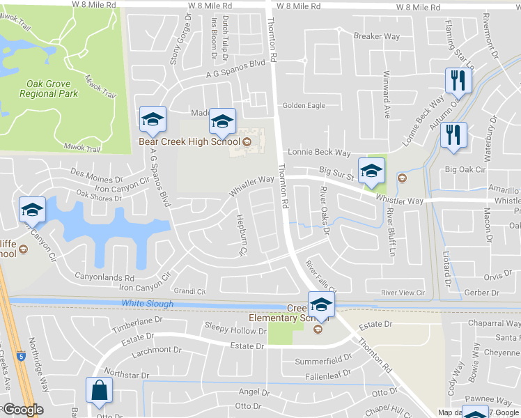 map of restaurants, bars, coffee shops, grocery stores, and more near 3066 White Oak Drive in Stockton