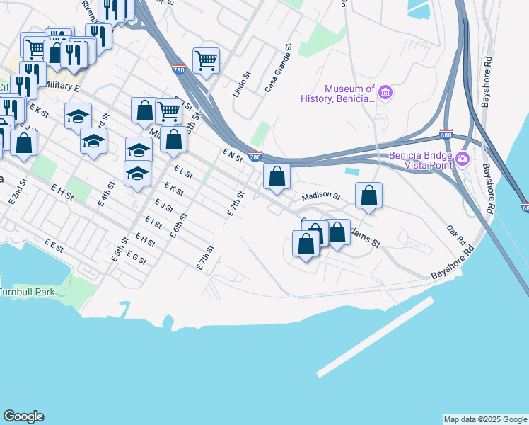 map of restaurants, bars, coffee shops, grocery stores, and more near 774 Military East in Benicia