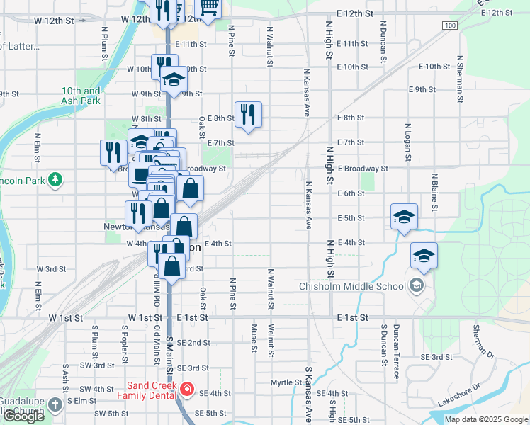 map of restaurants, bars, coffee shops, grocery stores, and more near 332 East 5th Street in Newton