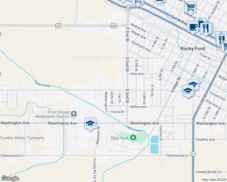 map of restaurants, bars, coffee shops, grocery stores, and more near 801-819 1st St in Rocky Ford