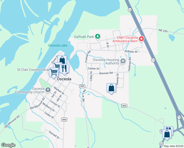 map of restaurants, bars, coffee shops, grocery stores, and more near 235 Warsaw Road in Osceola