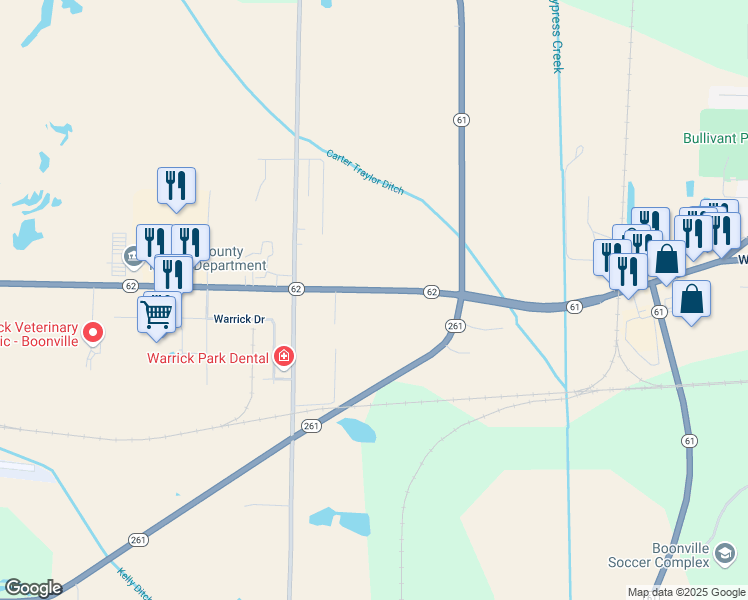 map of restaurants, bars, coffee shops, grocery stores, and more near 2811 Indiana 62 in Boonville