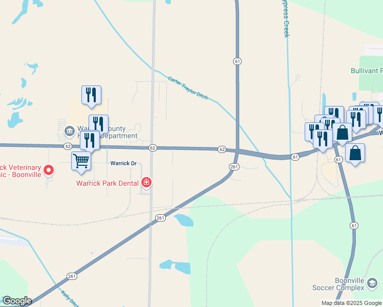 map of restaurants, bars, coffee shops, grocery stores, and more near 2811 Indiana 62 in Boonville