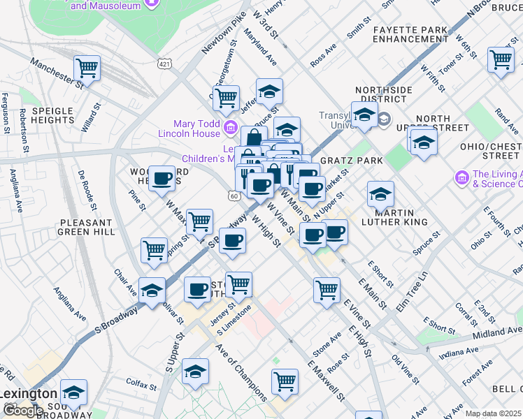 map of restaurants, bars, coffee shops, grocery stores, and more near 301-399 West High Street in Lexington
