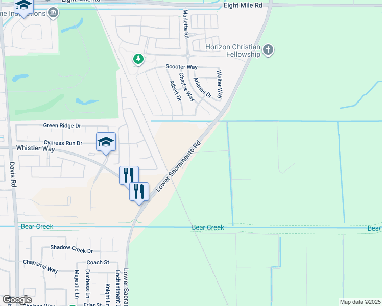 map of restaurants, bars, coffee shops, grocery stores, and more near 10266 Lower Sacramento Road in Stockton