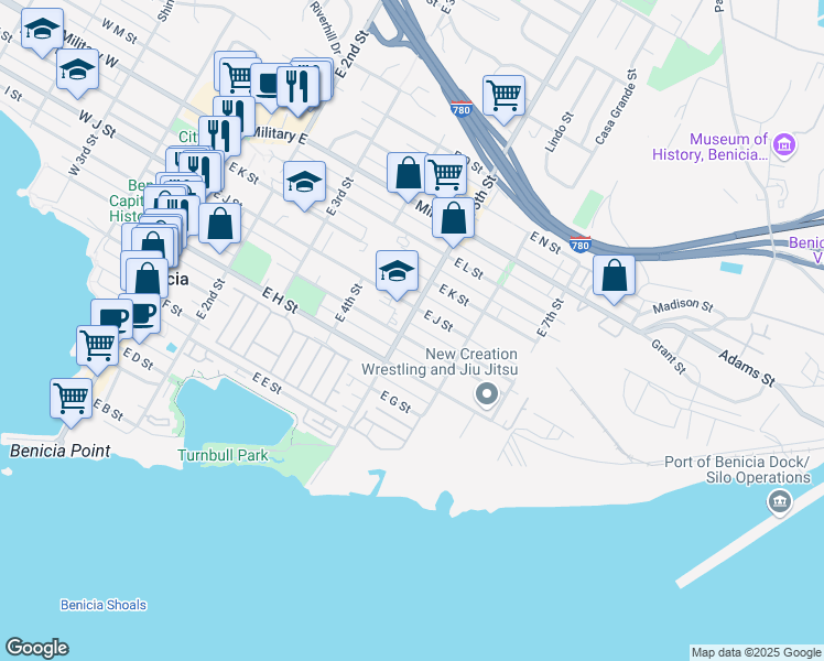 map of restaurants, bars, coffee shops, grocery stores, and more near 825 East 5th Street in Benicia