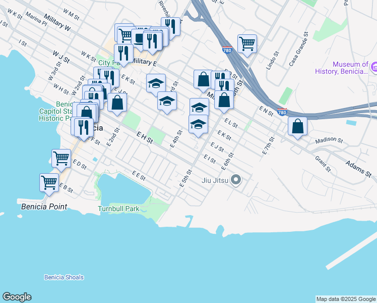 map of restaurants, bars, coffee shops, grocery stores, and more near 825 East 5th Street in Benicia