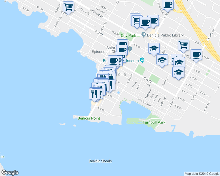 map of restaurants, bars, coffee shops, grocery stores, and more near 110 East D Street in Benicia