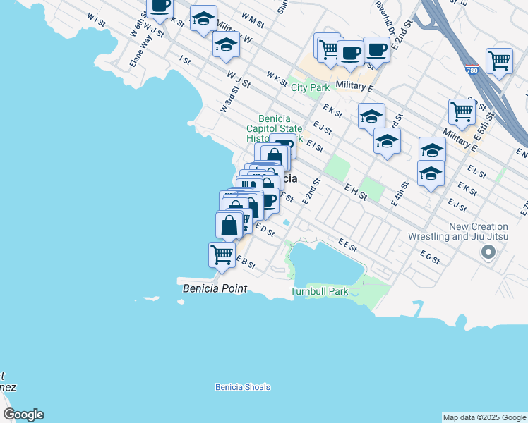 map of restaurants, bars, coffee shops, grocery stores, and more near 110 East D Street in Benicia