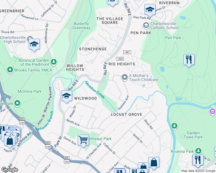 map of restaurants, bars, coffee shops, grocery stores, and more near 605 Elizabeth Avenue in Charlottesville