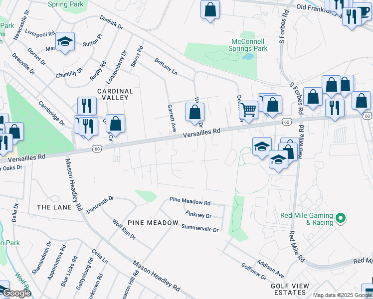 map of restaurants, bars, coffee shops, grocery stores, and more near 1608 Versailles Road in Lexington