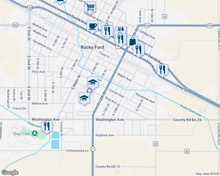 map of restaurants, bars, coffee shops, grocery stores, and more near 1250-1298 Locust Avenue in Rocky Ford