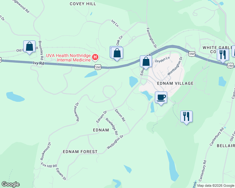 map of restaurants, bars, coffee shops, grocery stores, and more near 256 Rookwood Drive in Charlottesville
