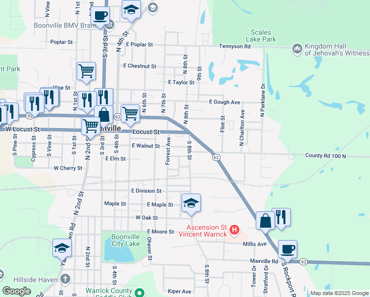 map of restaurants, bars, coffee shops, grocery stores, and more near 705 East Walnut Street in Boonville