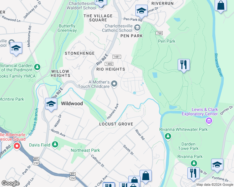 map of restaurants, bars, coffee shops, grocery stores, and more near 1222 Holmes Avenue in Charlottesville