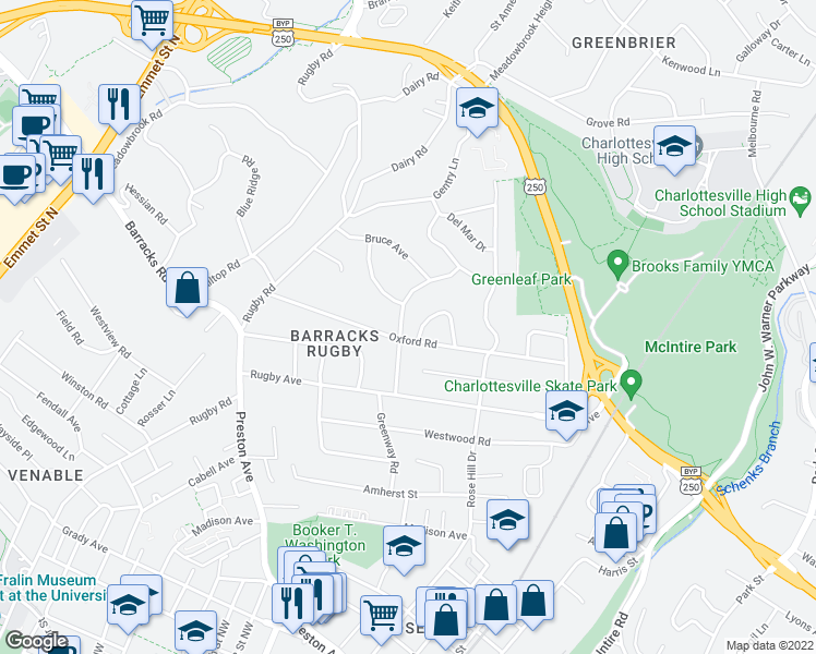 map of restaurants, bars, coffee shops, grocery stores, and more near 1204 Wellford Street in Charlottesville