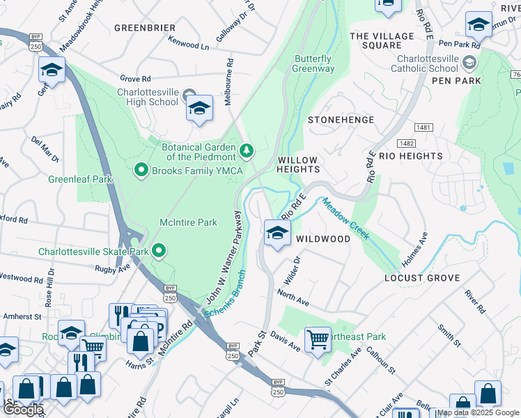 map of restaurants, bars, coffee shops, grocery stores, and more near 106 Melbourne Park Circle in Charlottesville