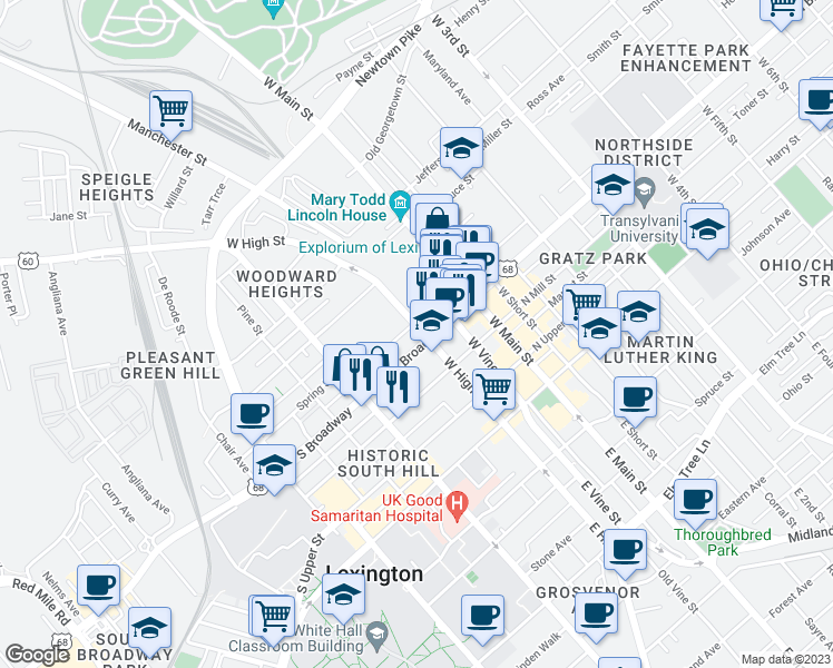 map of restaurants, bars, coffee shops, grocery stores, and more near 301 South Broadway in Lexington