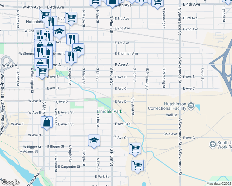 map of restaurants, bars, coffee shops, grocery stores, and more near 500 East Avenue D in Hutchinson