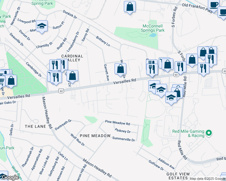 map of restaurants, bars, coffee shops, grocery stores, and more near 1608 Versailles Road in Lexington