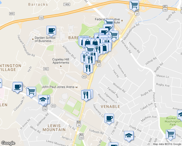 map of restaurants, bars, coffee shops, grocery stores, and more near 1900 Arlington Blvd in Charlottesville