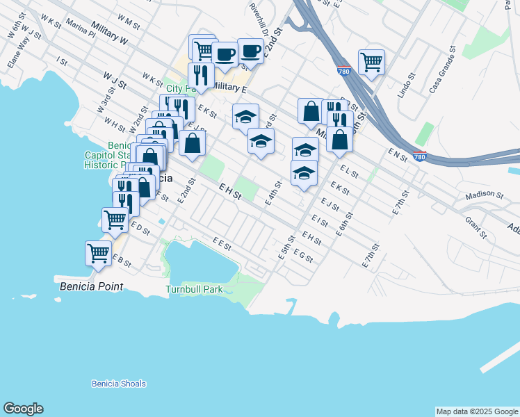 map of restaurants, bars, coffee shops, grocery stores, and more near 384 East H Street in Benicia